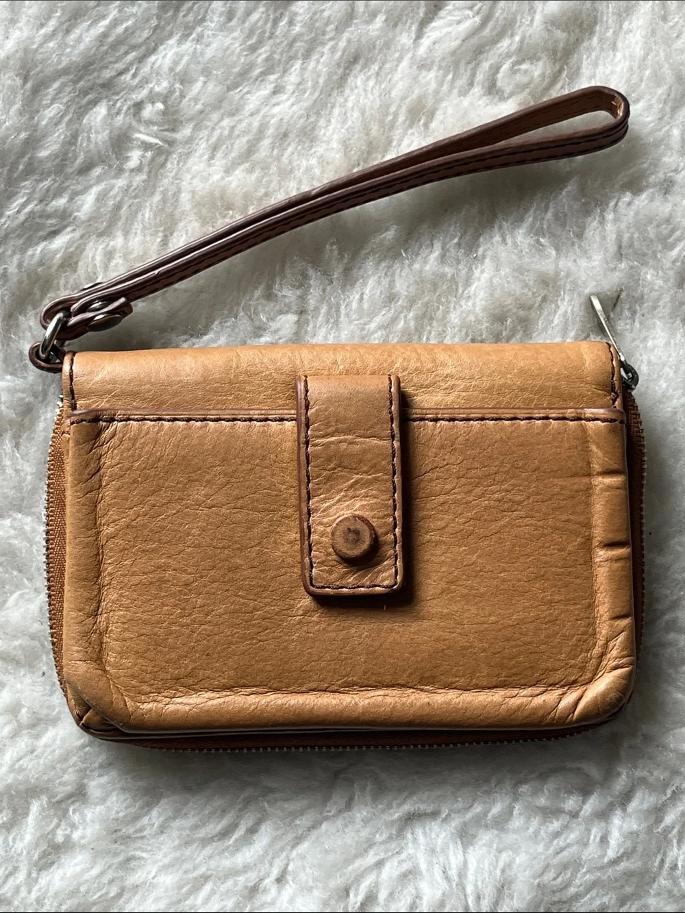 Fossil Tan leather zip around wallet wristlet with snap front compartment